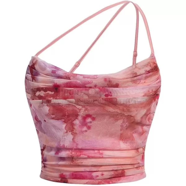 Floerns Women's Tie Dye Spaghetti Strap Cut Out One Shoulder Ruched Crop Cami Top