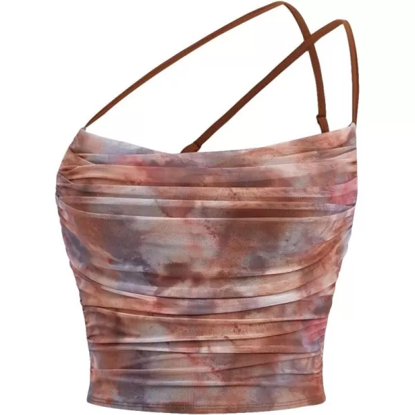 Floerns Women's Tie Dye Spaghetti Strap Cut Out One Shoulder Ruched Crop Cami Top