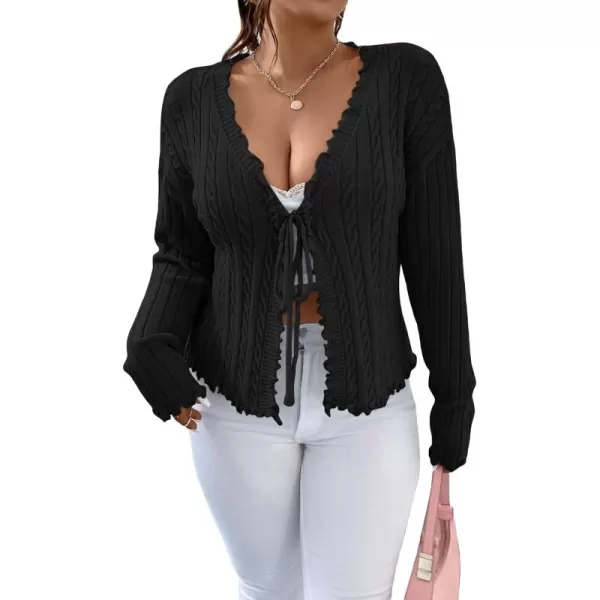 Floerns Women's Tie Front Lettuce Trim V Neck Long Sleeve Cardigan Crop Top