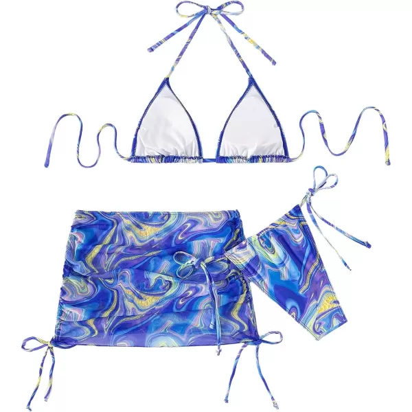 Floerns Women's 3 Piece Swimsuits Tie Dye Marble Print Triangle Halter Bikini Sets with Drawstring Beach Cover up Skirt