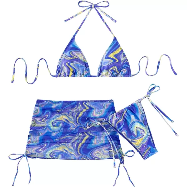 Floerns Women's 3 Piece Swimsuits Tie Dye Marble Print Triangle Halter Bikini Sets with Drawstring Beach Cover up Skirt