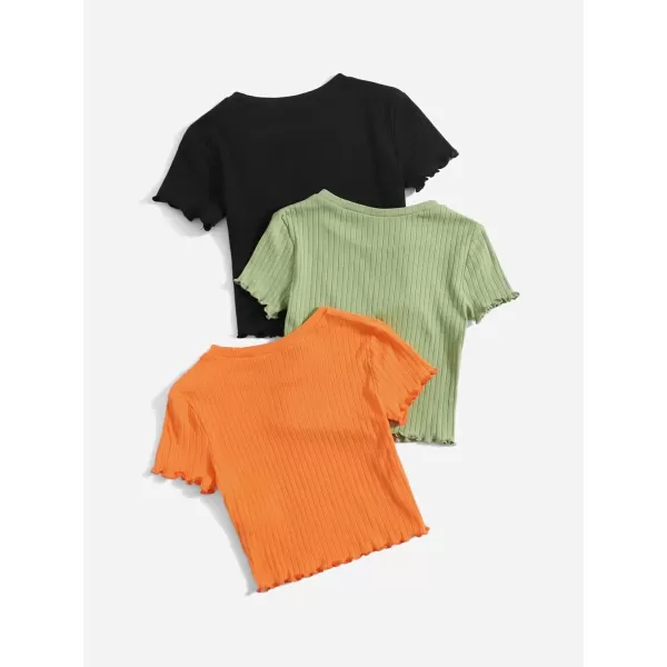 Floerns Girls 3 Pcs Short Sleeve Lettuce Trim Rib Knit Tee Shirt Crop Top
