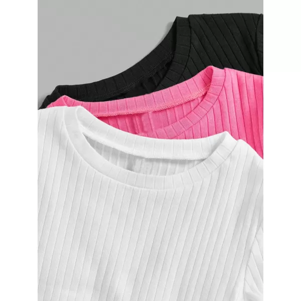Floerns Girls 3 Pcs Short Sleeve Lettuce Trim Rib Knit Tee Shirt Crop Top