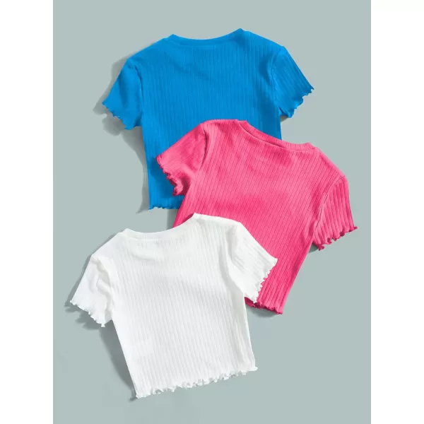 Floerns Girls 3 Pcs Short Sleeve Lettuce Trim Rib Knit Tee Shirt Crop Top