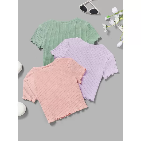 Floerns Girls 3 Pcs Short Sleeve Lettuce Trim Rib Knit Tee Shirt Crop Top