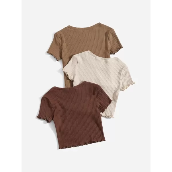 Floerns Girls 3 Pcs Short Sleeve Lettuce Trim Rib Knit Tee Shirt Crop Top