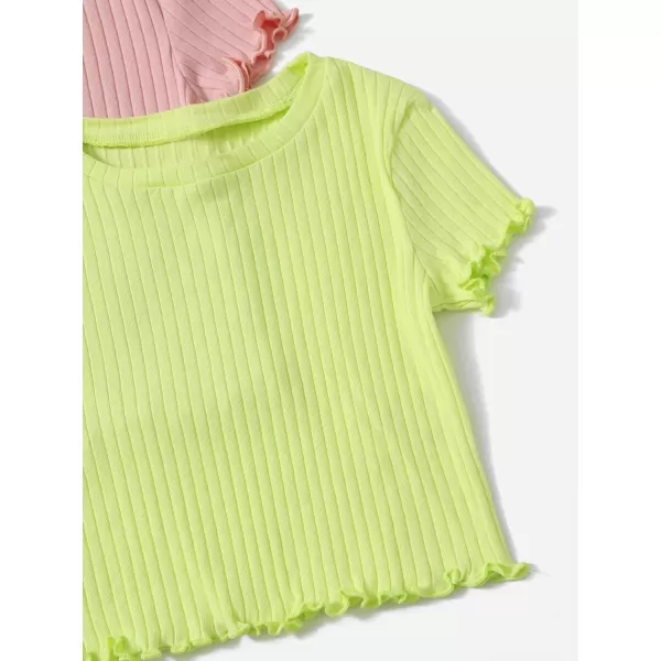 Floerns Girls 3 Pcs Short Sleeve Lettuce Trim Rib Knit Tee Shirt Crop Top