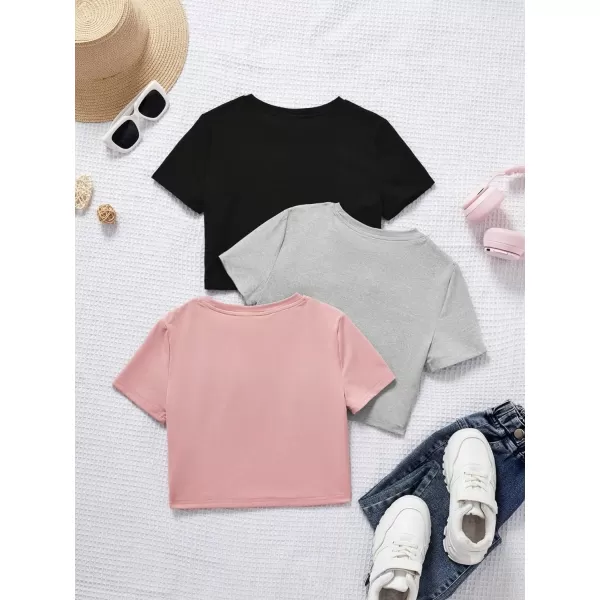 Floerns Girls 3 Pcs Short Sleeve Lettuce Trim Rib Knit Tee Shirt Crop Top
