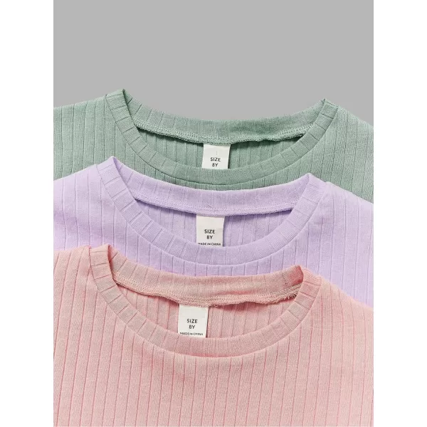 Floerns Girls 3 Pcs Short Sleeve Lettuce Trim Rib Knit Tee Shirt Crop Top