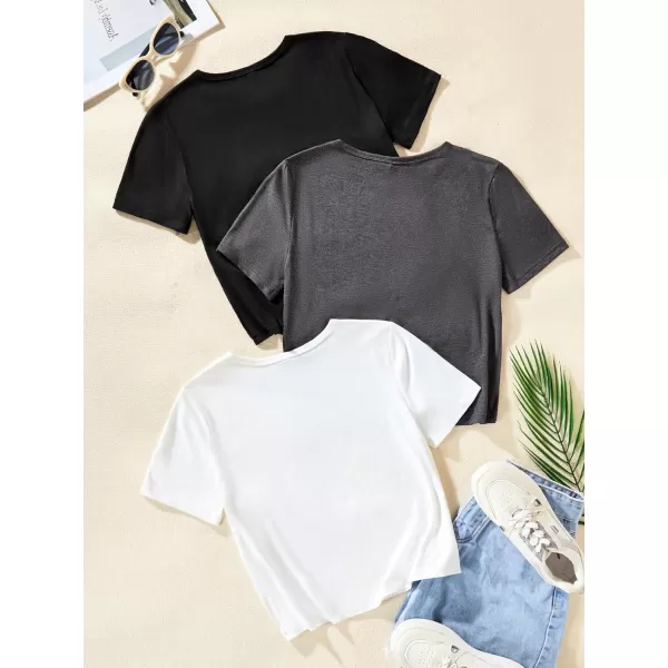 Floerns Girls 3 Pcs Short Sleeve Lettuce Trim Rib Knit Tee Shirt Crop Top