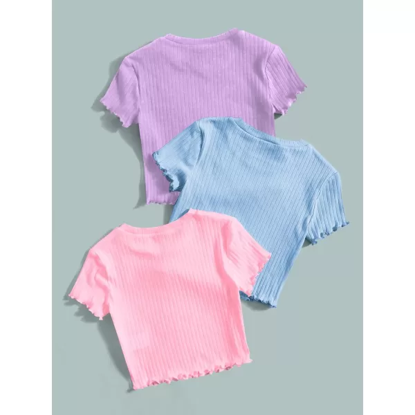 Floerns Girls 3 Pcs Short Sleeve Lettuce Trim Rib Knit Tee Shirt Crop Top
