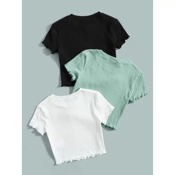 Floerns Girls 3 Pcs Short Sleeve Lettuce Trim Rib Knit Tee Shirt Crop Top
