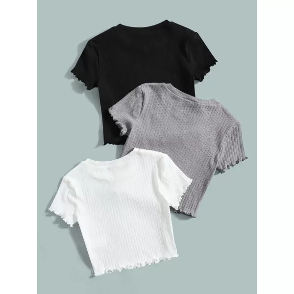 Floerns Girls 3 Pcs Short Sleeve Lettuce Trim Rib Knit Tee Shirt Crop Top