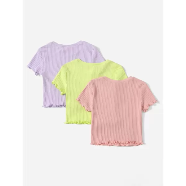 Floerns Girls 3 Pcs Short Sleeve Lettuce Trim Rib Knit Tee Shirt Crop Top