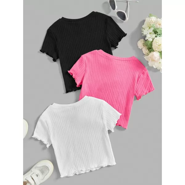 Floerns Girls 3 Pcs Short Sleeve Lettuce Trim Rib Knit Tee Shirt Crop Top