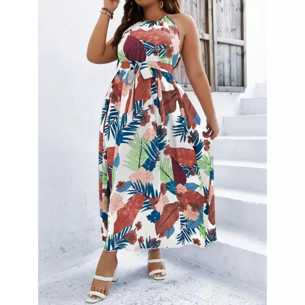 Floerns Women's Plus Size Boho Sleeveless Halter Neck Tie Back A Line Long Dress