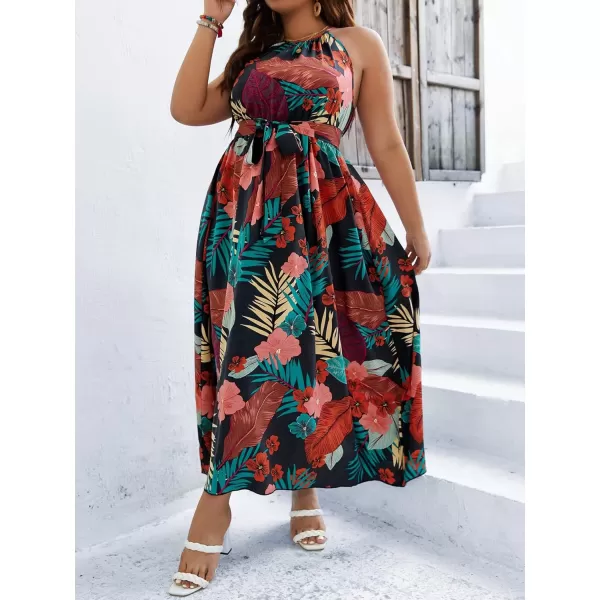 Floerns Women's Plus Size Boho Sleeveless Halter Neck Tie Back A Line Long Dress