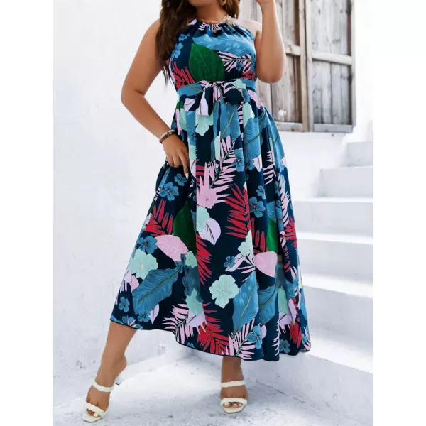Floerns Women's Plus Size Boho Sleeveless Halter Neck Tie Back A Line Long Dress