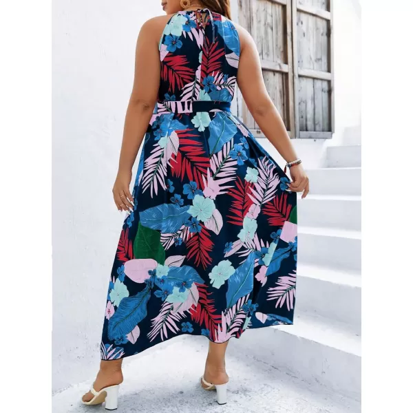 Floerns Women's Plus Size Boho Sleeveless Halter Neck Tie Back A Line Long Dress