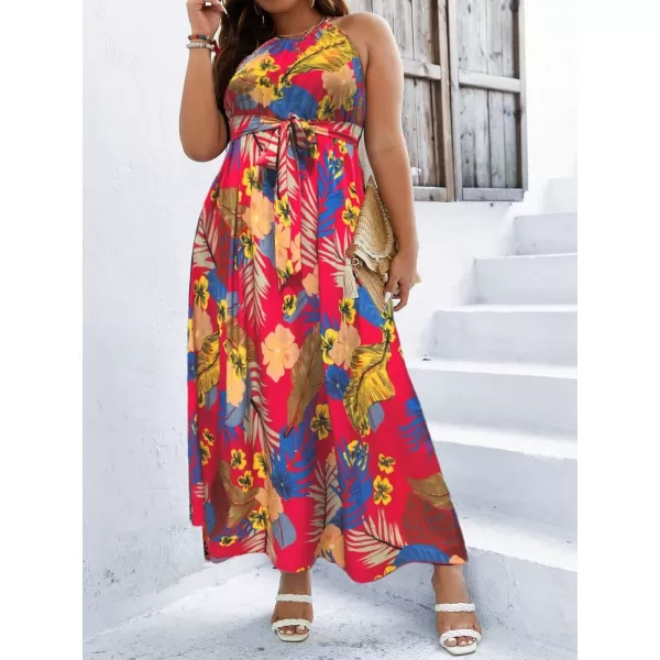 Floerns Women's Plus Size Boho Sleeveless Halter Neck Tie Back A Line Long Dress