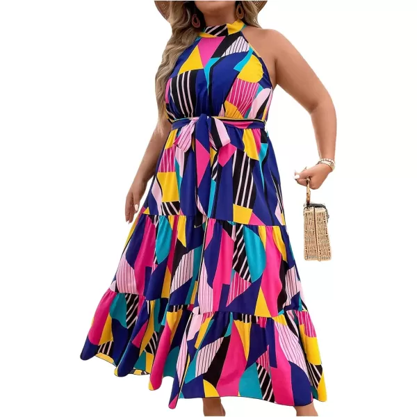 Floerns Women's Plus Size Boho Sleeveless Halter Neck Tie Back A Line Long Dress