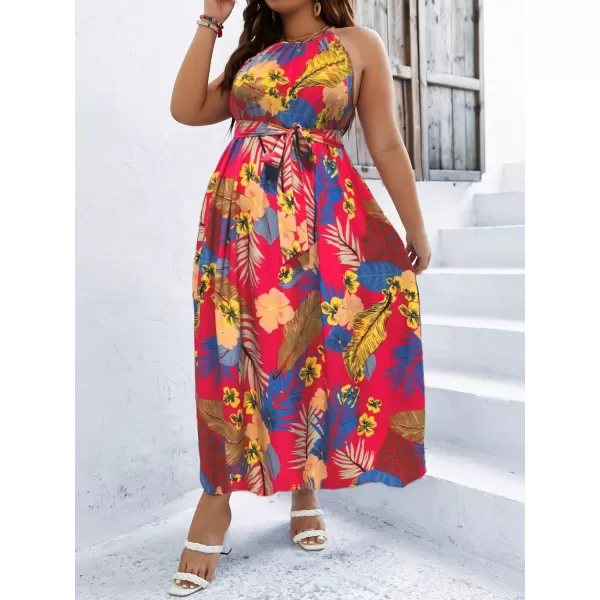 Floerns Women's Plus Size Boho Sleeveless Halter Neck Tie Back A Line Long Dress
