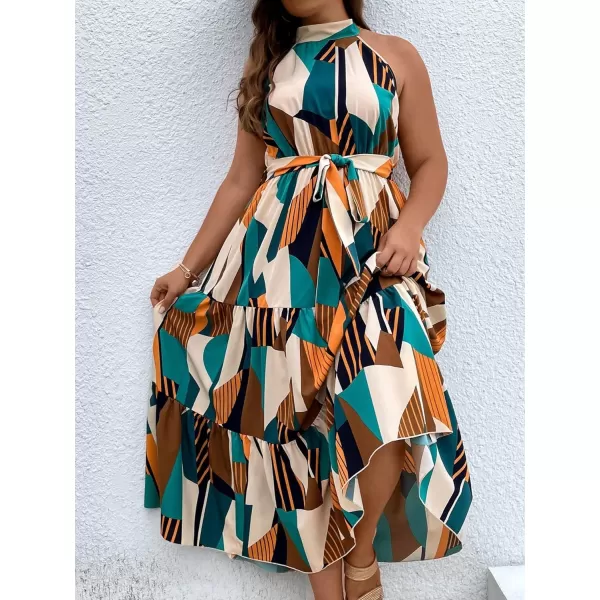 Floerns Women's Plus Size Boho Sleeveless Halter Neck Tie Back A Line Long Dress