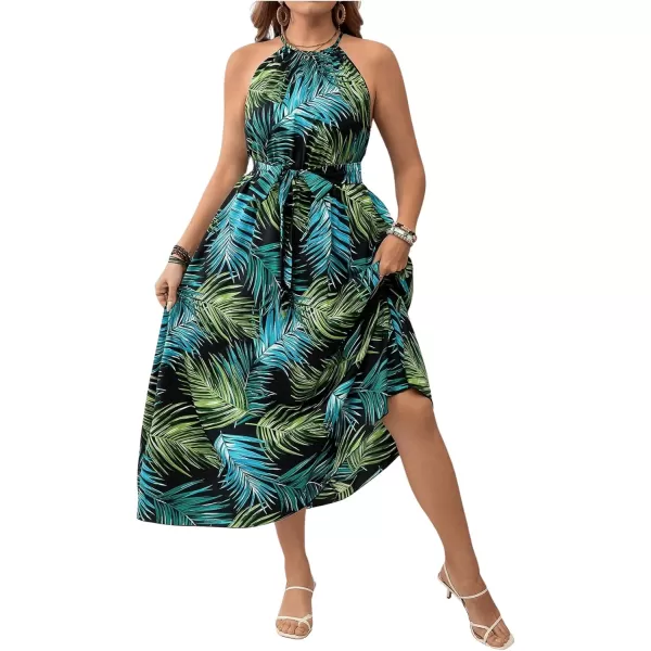 Floerns Women's Plus Size Boho Sleeveless Halter Neck Tie Back A Line Long Dress