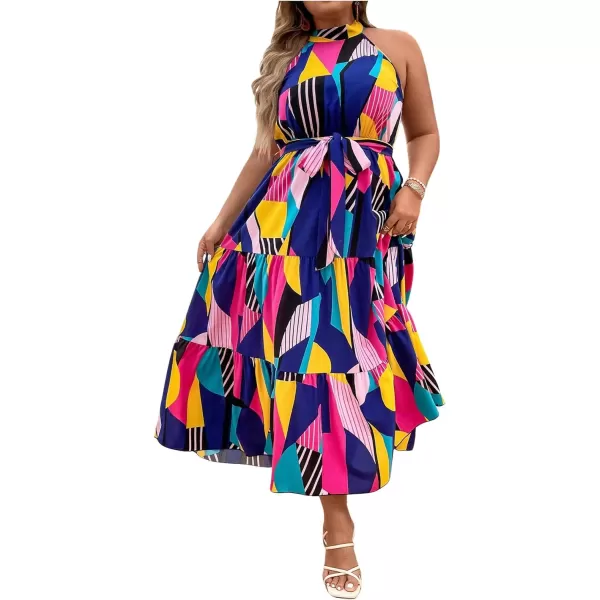 Floerns Women's Plus Size Boho Sleeveless Halter Neck Tie Back A Line Long Dress