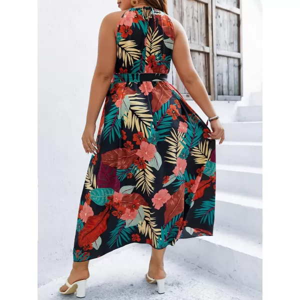 Floerns Women's Plus Size Boho Sleeveless Halter Neck Tie Back A Line Long Dress