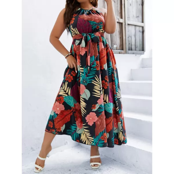 Floerns Women's Plus Size Boho Sleeveless Halter Neck Tie Back A Line Long Dress