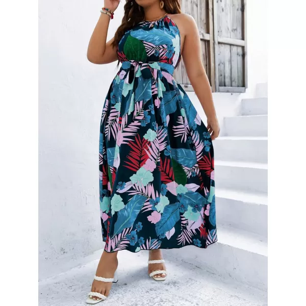 Floerns Women's Plus Size Boho Sleeveless Halter Neck Tie Back A Line Long Dress