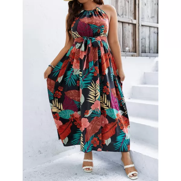 Floerns Women's Plus Size Boho Sleeveless Halter Neck Tie Back A Line Long Dress