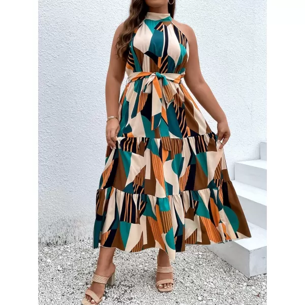 Floerns Women's Plus Size Boho Sleeveless Halter Neck Tie Back A Line Long Dress
