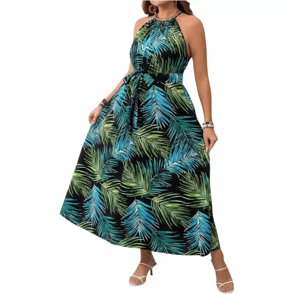 Floerns Women's Plus Size Boho Sleeveless Halter Neck Tie Back A Line Long Dress