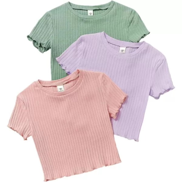 Floerns Girls 3 Pcs Short Sleeve Lettuce Trim Rib Knit Tee Shirt Crop Top