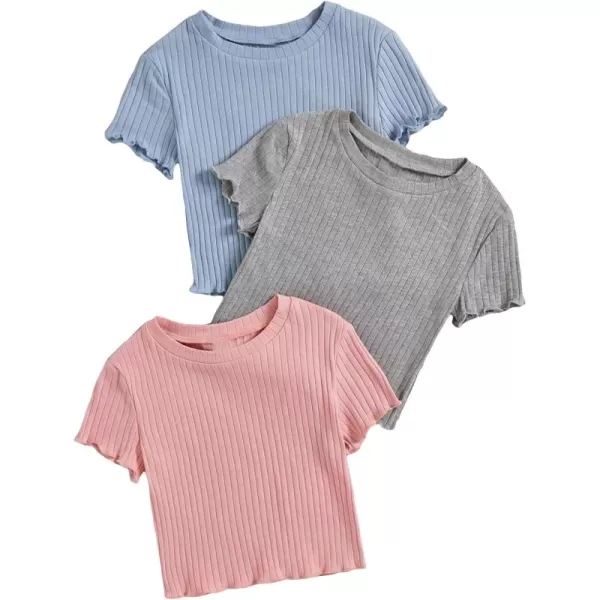Floerns Girls 3 Pcs Short Sleeve Lettuce Trim Rib Knit Tee Shirt Crop Top