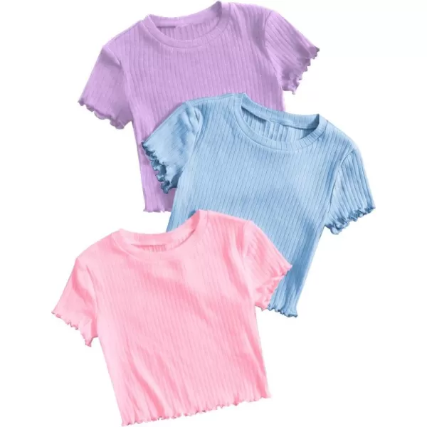 Floerns Girls 3 Pcs Short Sleeve Lettuce Trim Rib Knit Tee Shirt Crop Top