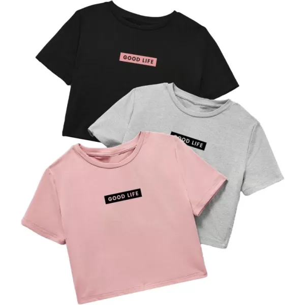Floerns Girls 3 Pcs Short Sleeve Lettuce Trim Rib Knit Tee Shirt Crop Top