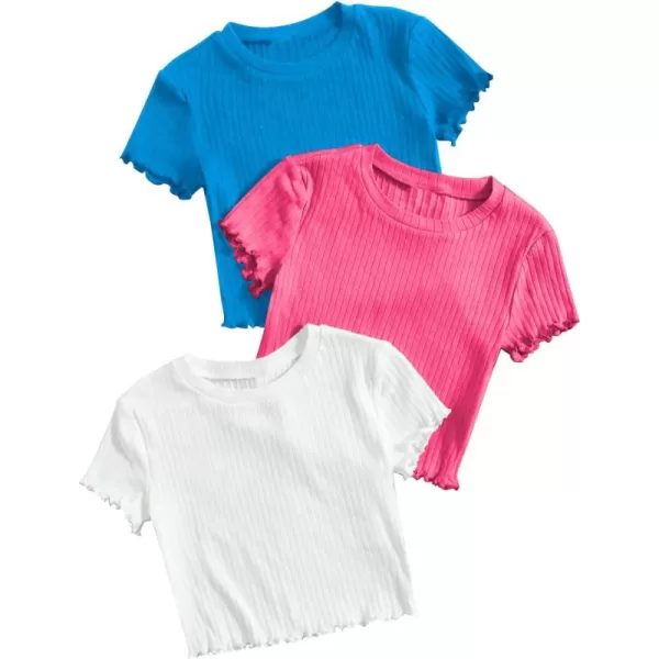 Floerns Girls 3 Pcs Short Sleeve Lettuce Trim Rib Knit Tee Shirt Crop Top