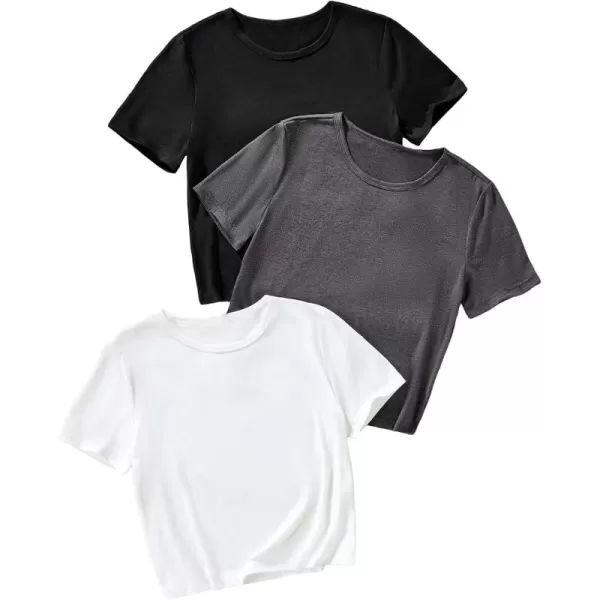Floerns Girls 3 Pcs Short Sleeve Lettuce Trim Rib Knit Tee Shirt Crop Top