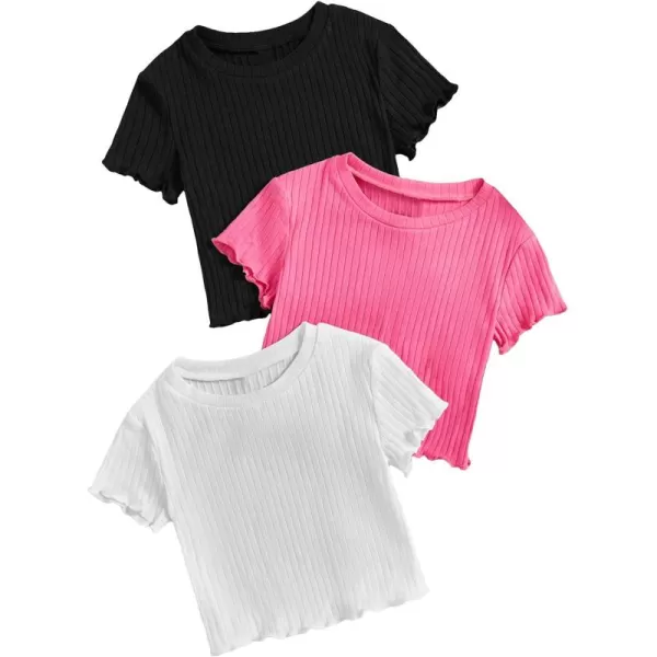 Floerns Girls 3 Pcs Short Sleeve Lettuce Trim Rib Knit Tee Shirt Crop Top