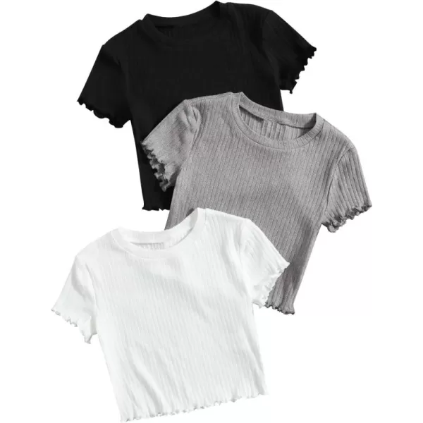 Floerns Girls 3 Pcs Short Sleeve Lettuce Trim Rib Knit Tee Shirt Crop Top