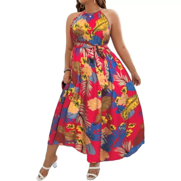 Floerns Women's Plus Size Boho Sleeveless Halter Neck Tie Back A Line Long Dress