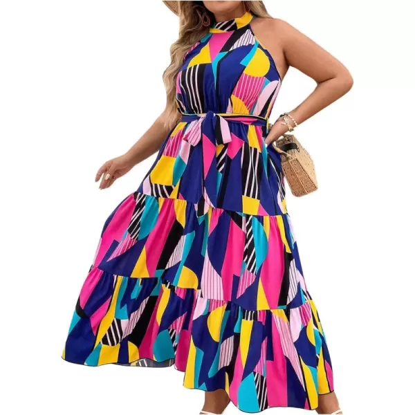 Floerns Women's Plus Size Boho Sleeveless Halter Neck Tie Back A Line Long Dress