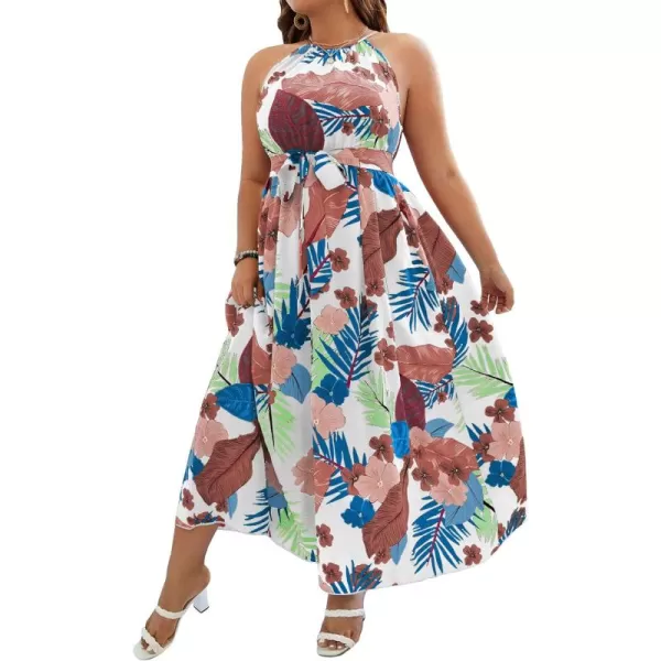 Floerns Women's Plus Size Boho Sleeveless Halter Neck Tie Back A Line Long Dress
