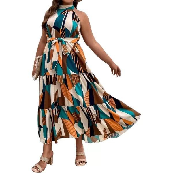 Floerns Women's Plus Size Boho Sleeveless Halter Neck Tie Back A Line Long Dress