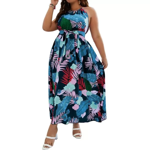 Floerns Women's Plus Size Boho Sleeveless Halter Neck Tie Back A Line Long Dress