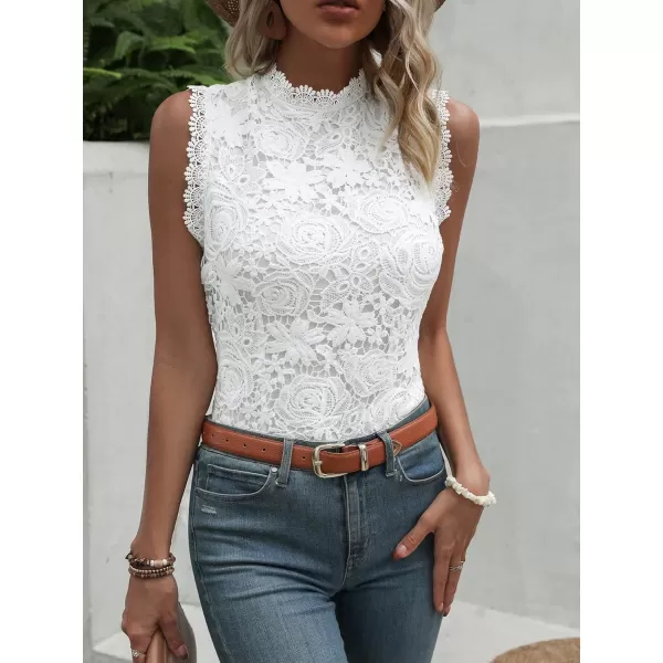 Floerns Women's Mock Neck Guipure Lace Trim Embroidery Blouse Tops