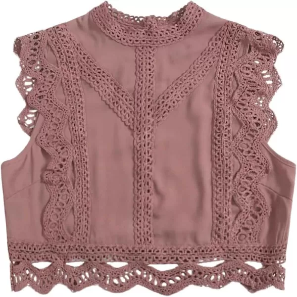 Floerns Women's Mock Neck Guipure Lace Trim Embroidery Blouse Tops